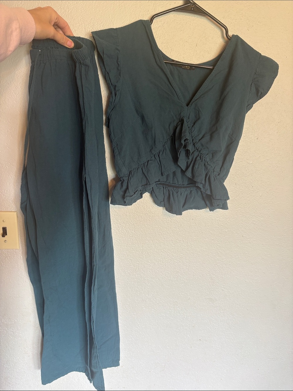 Fancyinn Teal Ruffled Crop Top & Wide-Leg Pants Set